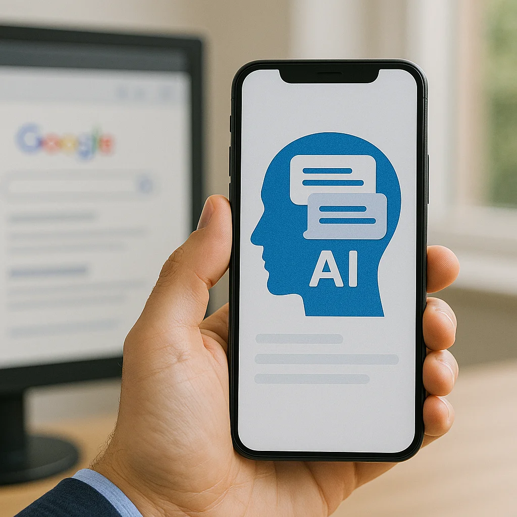 Smartphone showing AI head icon with layered text bubbles for AI search and generative content.