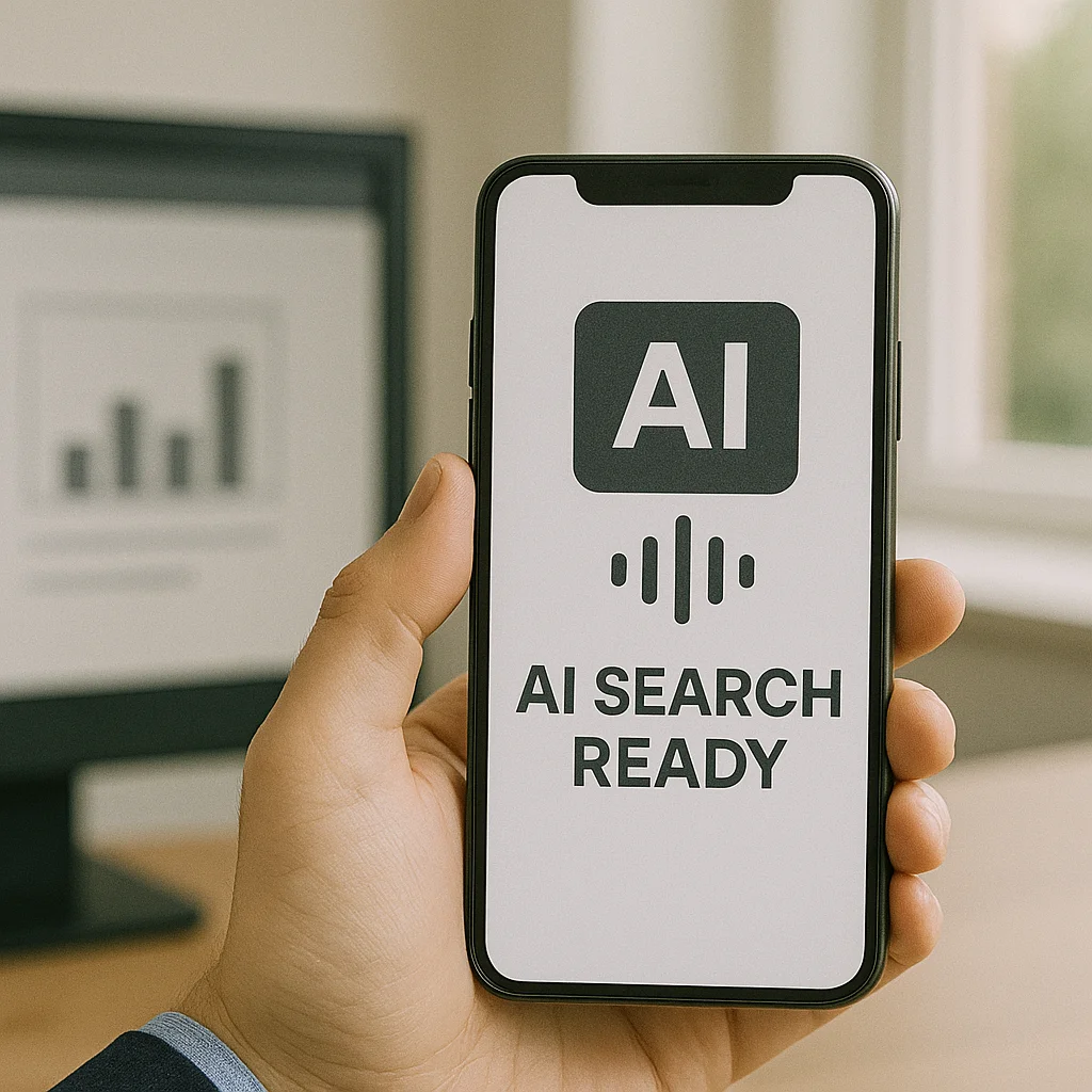 Smartphone showing AI chip and voice wave symbol for AI search readiness.