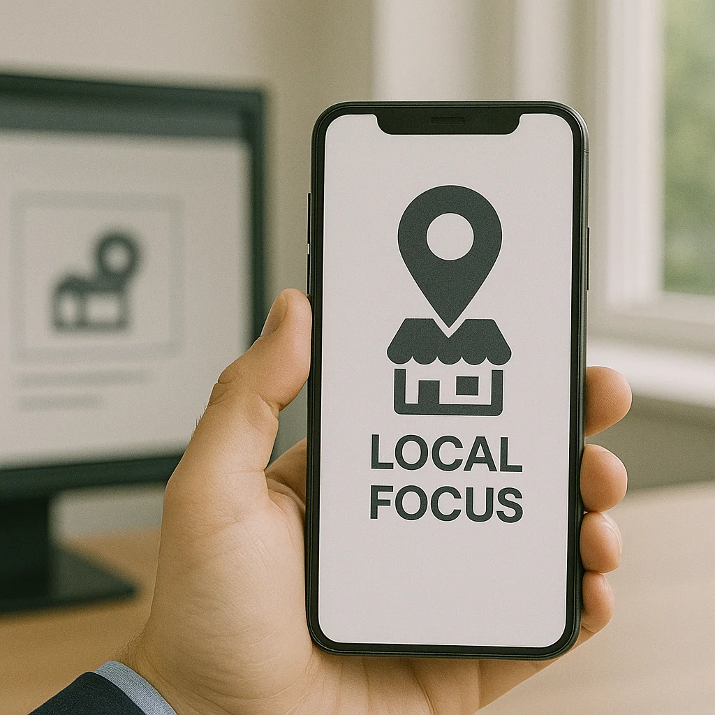 Smartphone showing map pin and storefront icon for local SEO focus,