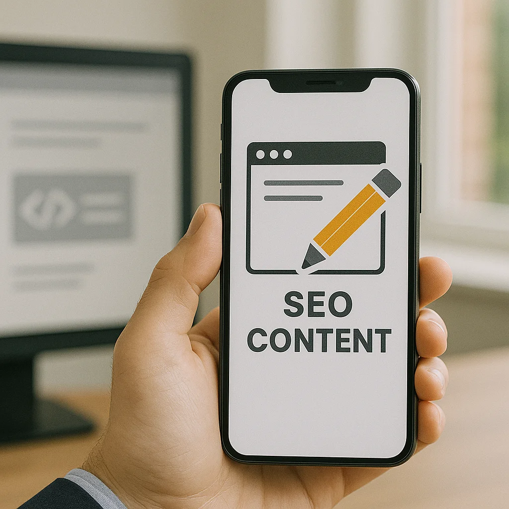 Smartphone showing webpage with pencil icon for on-page SEO and content optimization.