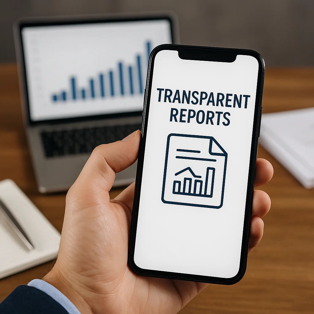 Smartphone showing document with bar chart icon for transparent SEO reports.