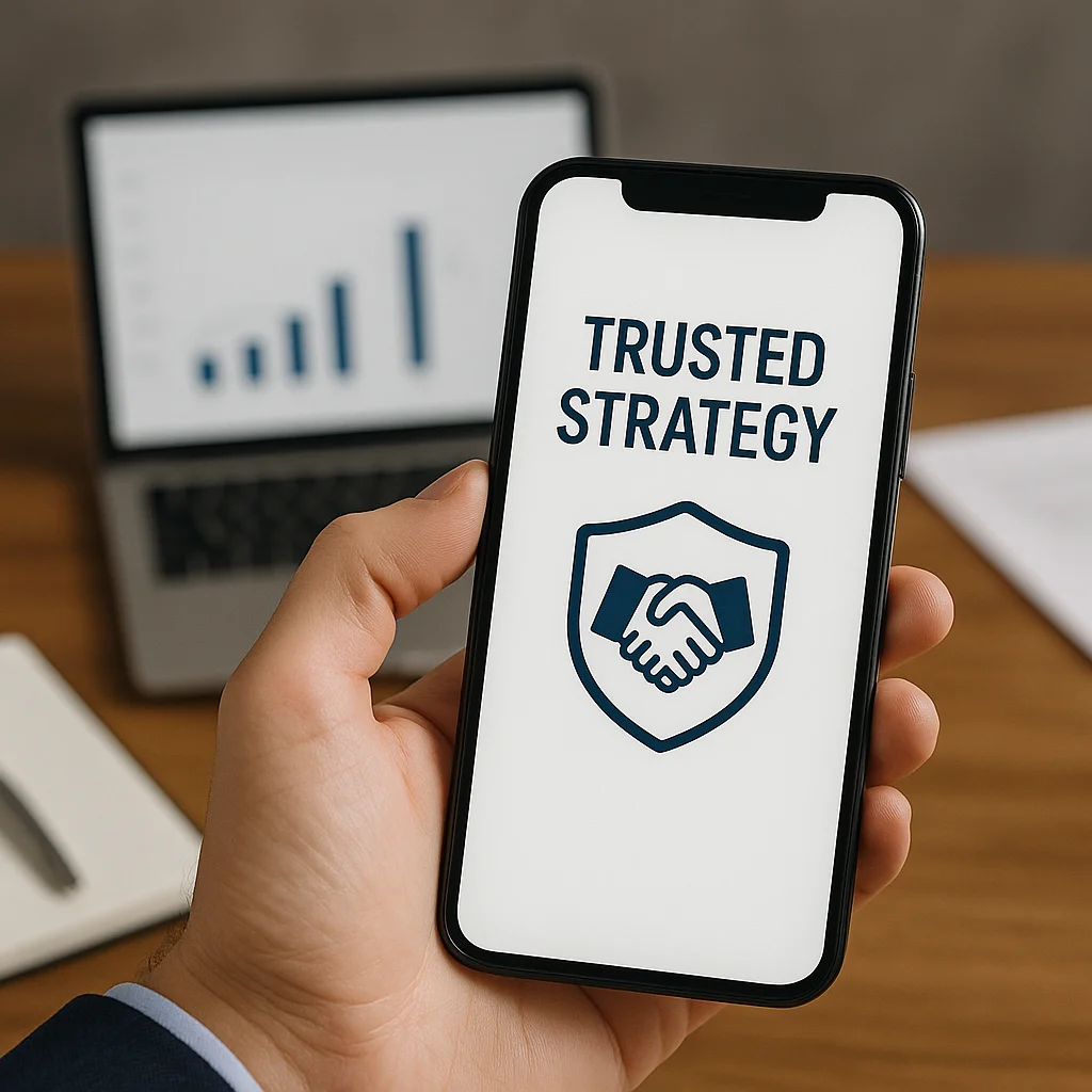 Smartphone showing handshake in shield icon for trusted SEO strategy.