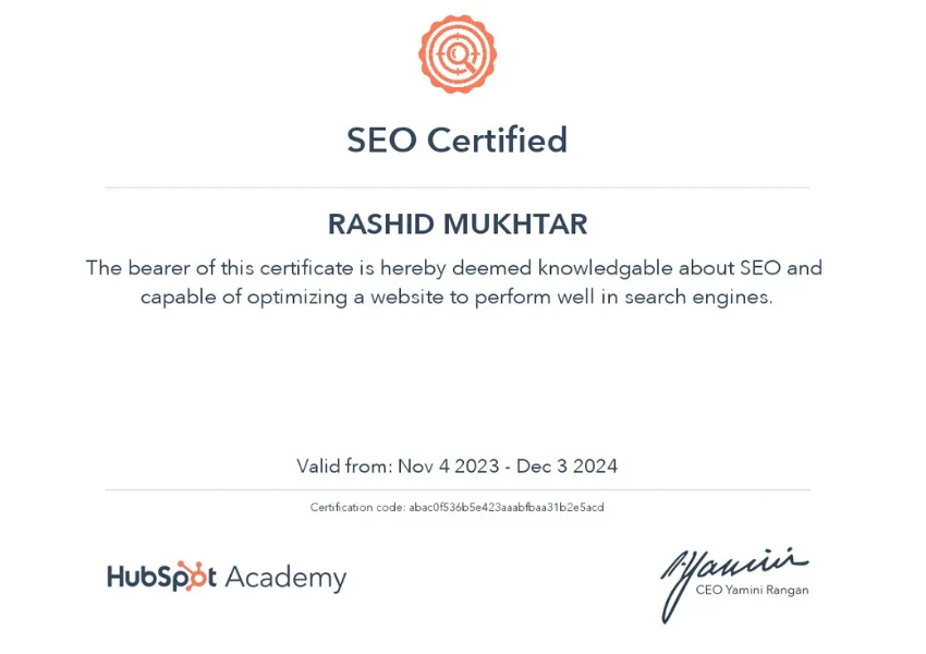 HubSpot SEO certificate showcasing professional achievement in search engine optimization skills.