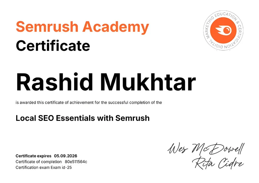 SEMrush Local SEO certificate for Rashid Mukhtar proving expertise in local search, map rankings, and business visibility.
