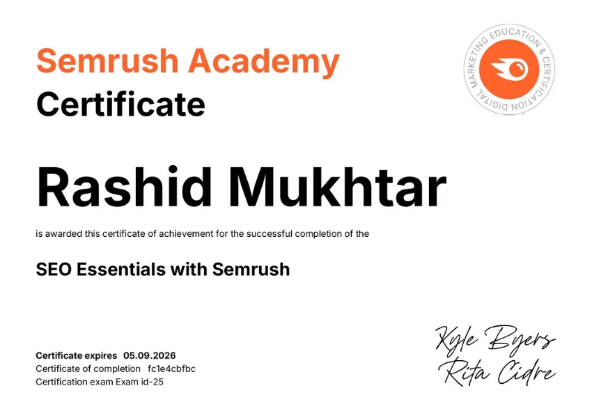 SEMrush SEO certificate for Rashid Mukhtar showcasing skills in search engine optimization and digital marketing.