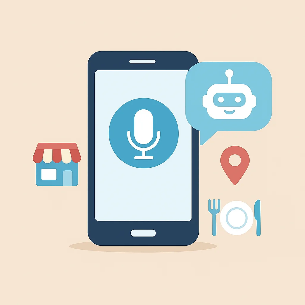 Smartphone with voice assistant icon and AI chatbot overlay representing conversational AI and local SEO integration.