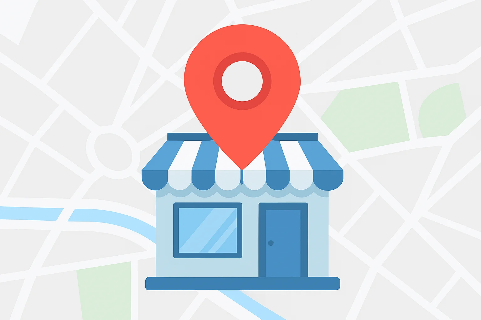 Storefront illustration with location pin and Google Maps overlay highlighting local business visibility in search results.