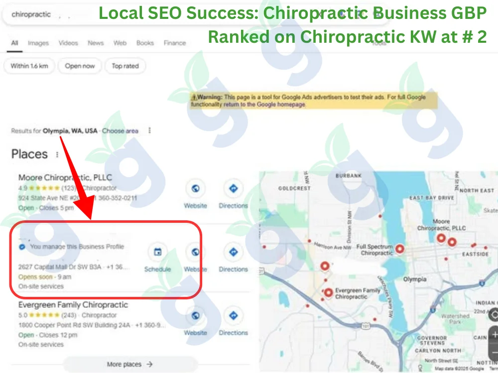 Local SEO success case study showing a chiropractic business’s Google Business Profile ranked #2 for top chiropractic keywords.
