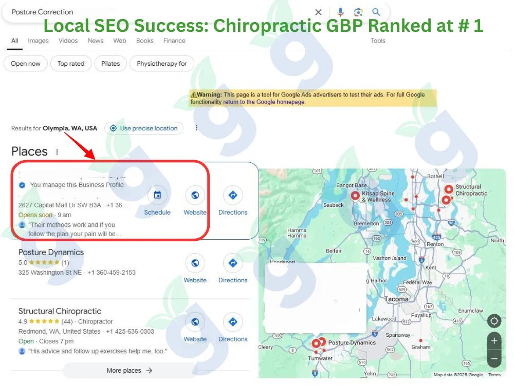 Local SEO success showing chiropractic clinic’s Google Business Profile ranked #1 in map pack results.
