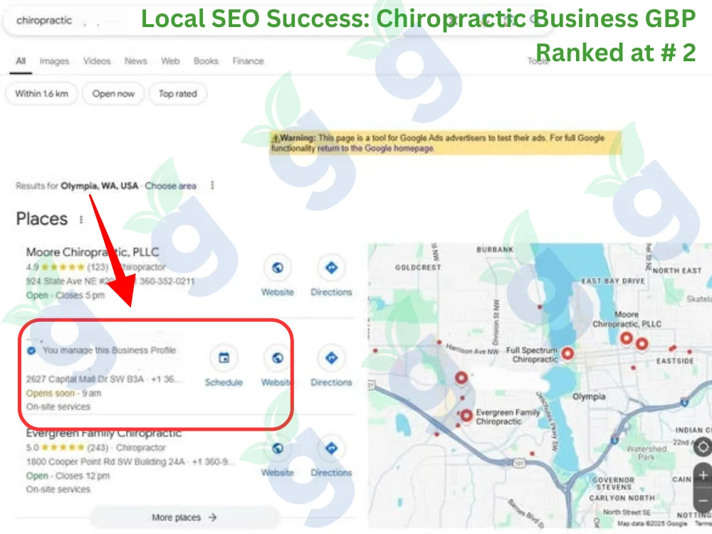Local SEO success showing chiropractic services ranked #2 on Google Business Profile in local map results.