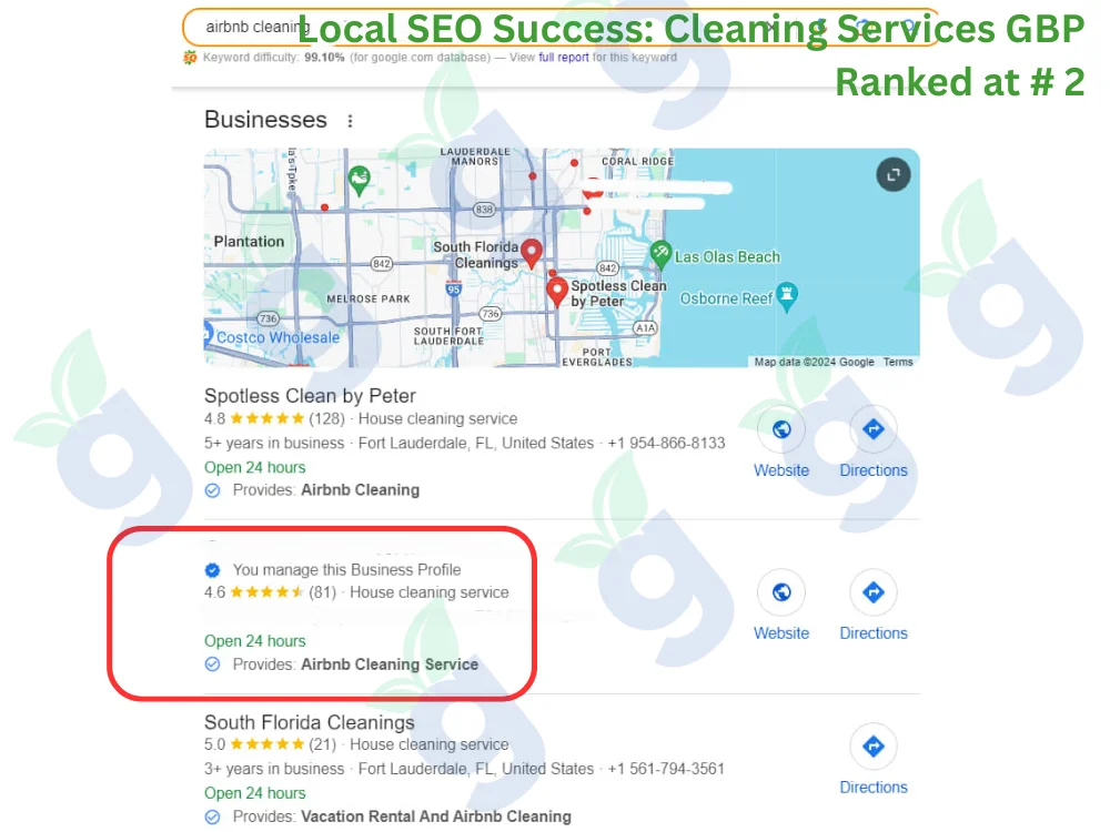 Cleaning services business ranked 2nd in Google Map Pack through strong local SEO results.