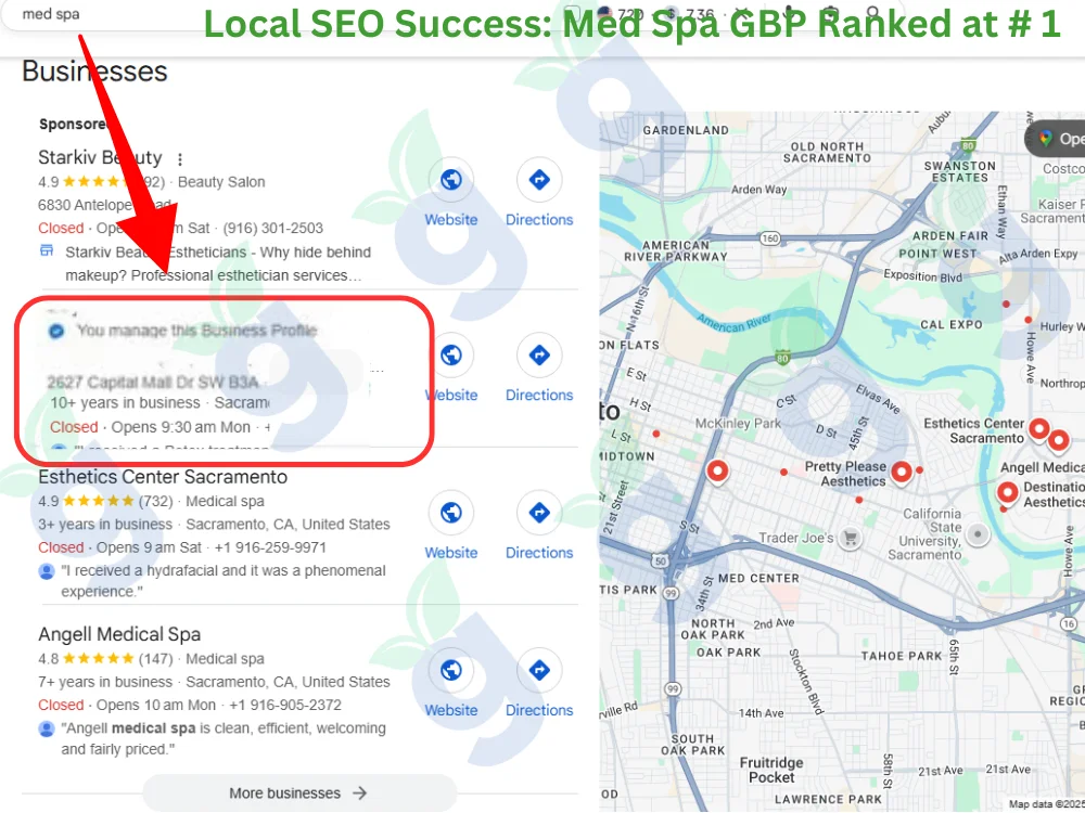 Local SEO success case study showing a med spa’s Google Business Profile ranked at #1 in local search results.