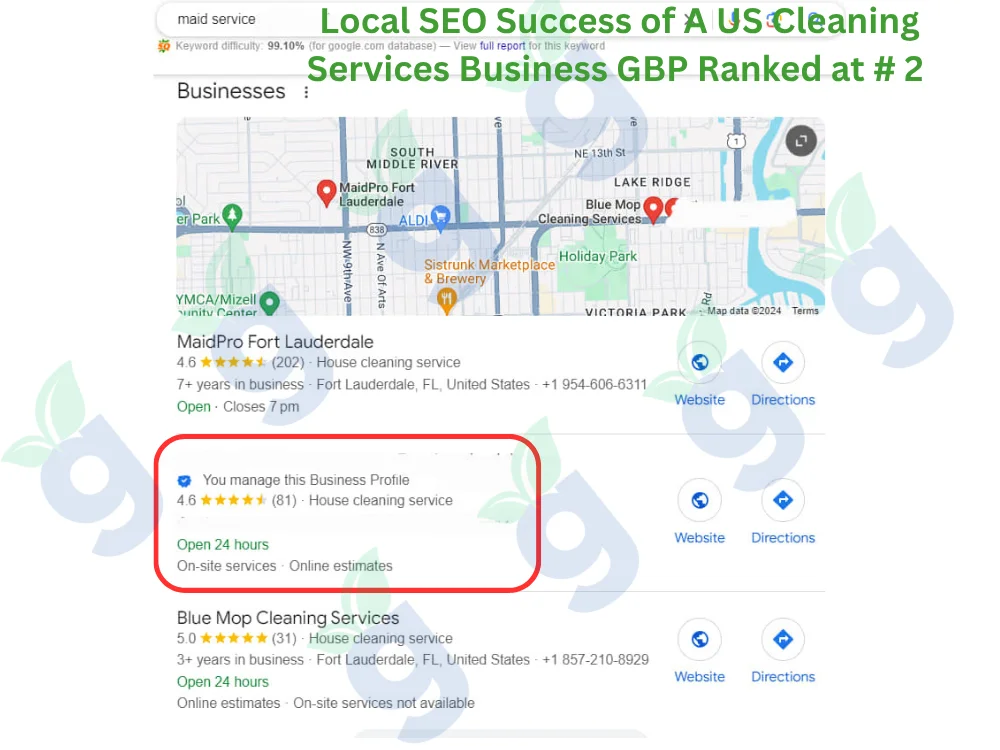 US cleaning services business ranked #2 on Google Business Profile in local map results.