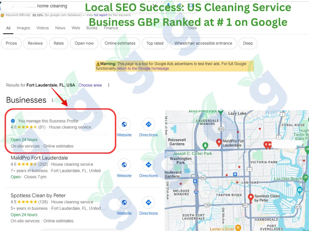 US cleaning service business ranked #1 on Google Business Profile in local map results.