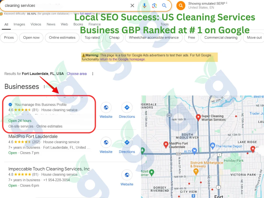 US cleaning services business ranked #1 on Google Business Profile in local map results.