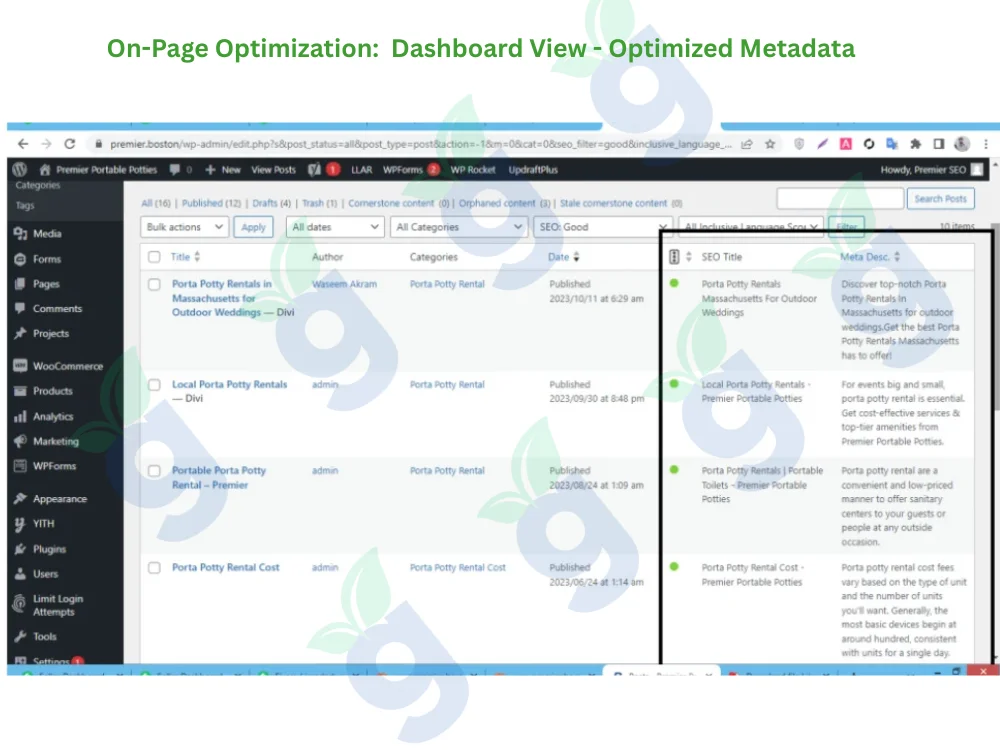On-page optimization dashboard showing SEO metadata, title tags, and keyword insights for better ranking.