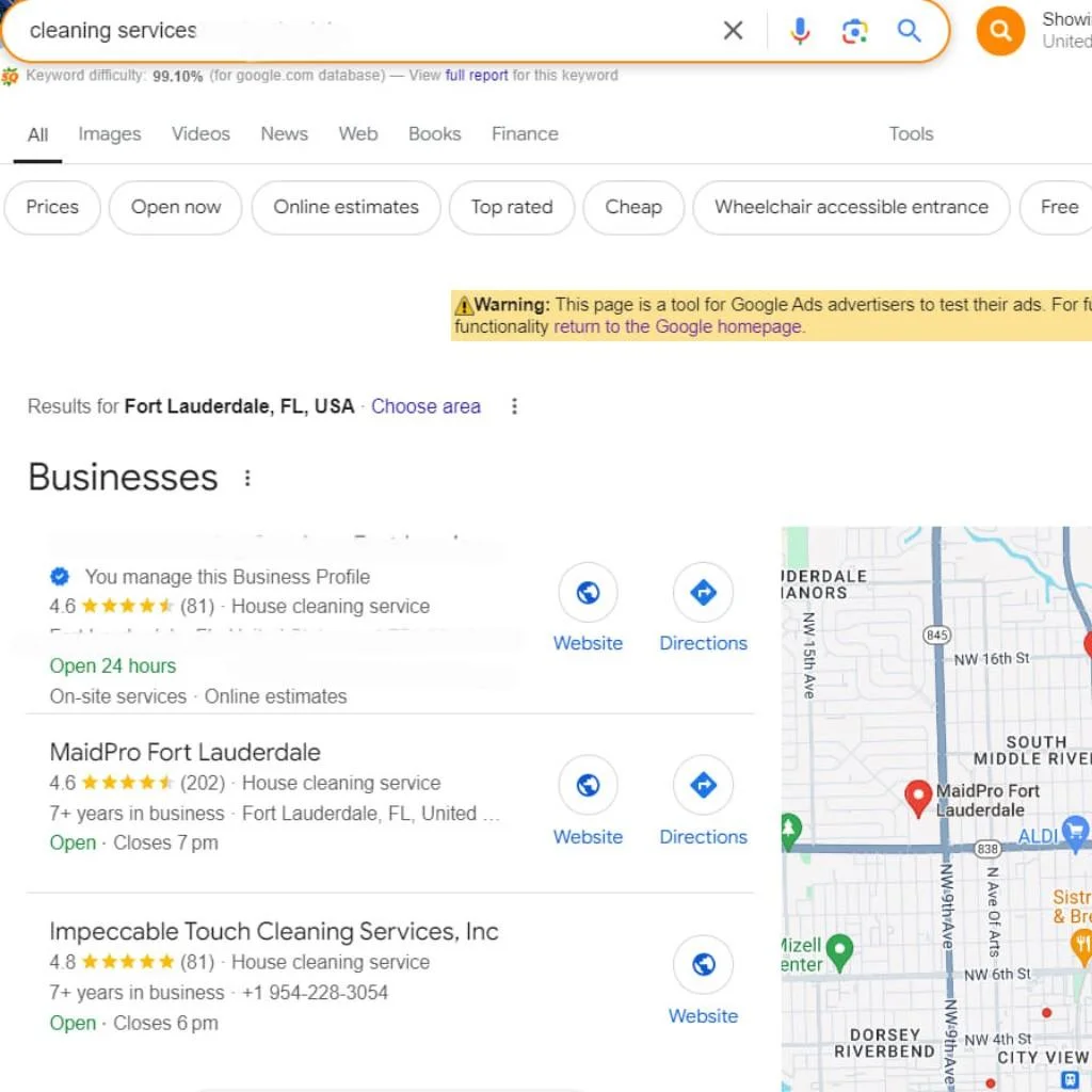 Cleaning service in Fort Lauderdale ranking number one in Google Map Pack after local SEO optimization.