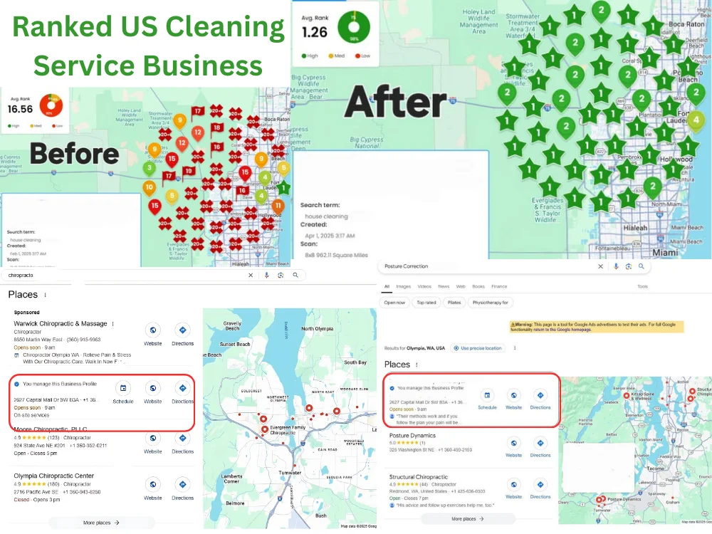 Before and after local SEO results showing Google Business Profile ranking improvement in Google Map Pack.