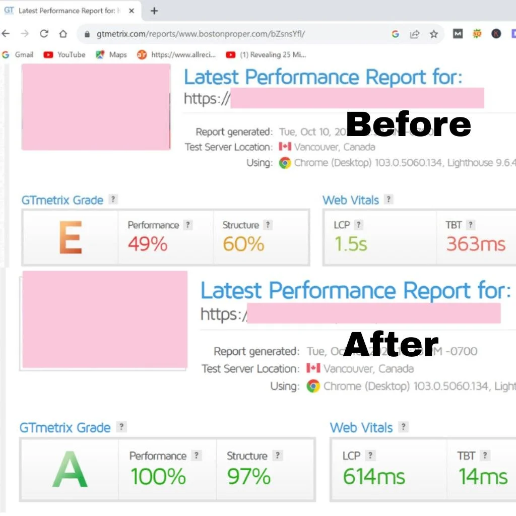 Website speed optimization results showing GTmetrix score improvement from grade E to grade A.